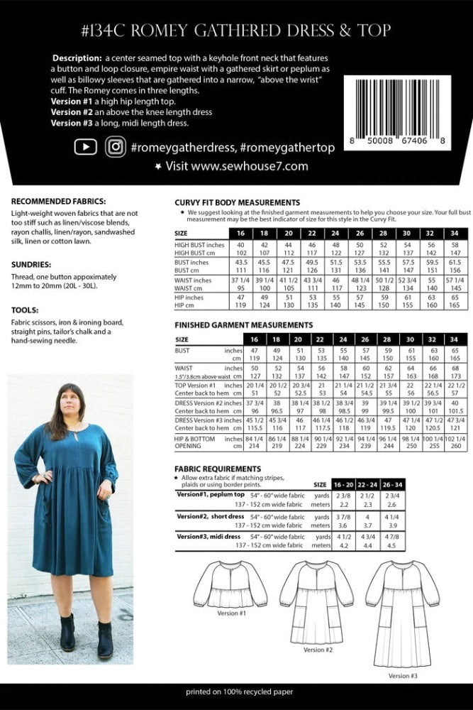 Romey Gathered Dress & Top Pattern (Sizes 16 - 34) Pattern Sew House Seven