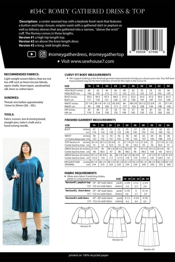 Romey Gathered Dress & Top Pattern (Sizes 16 - 34)