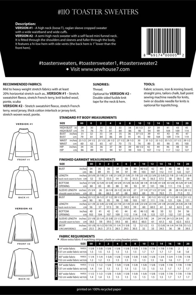 Toaster Sweater Pattern (Sizes 00 - 20)