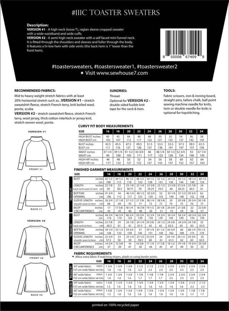 Toaster Sweater Pattern (Sizes 16 - 34) Pattern Sew House Seven