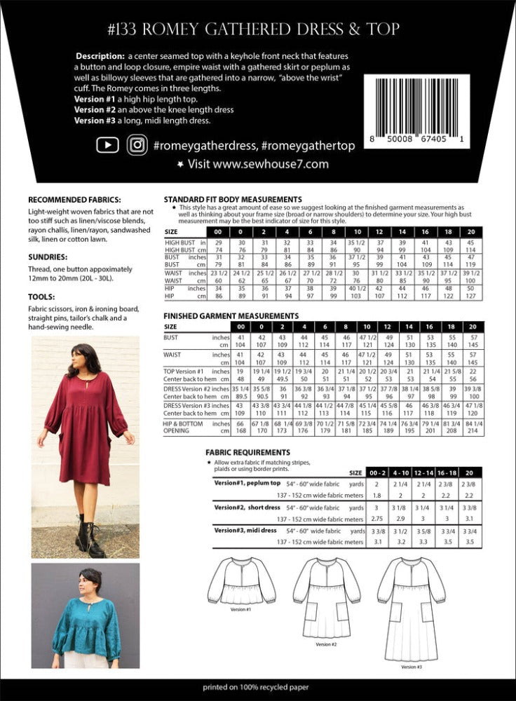 Romey Gathered Dress & Top Pattern (Sizes 00 - 20) Pattern Sew House Seven