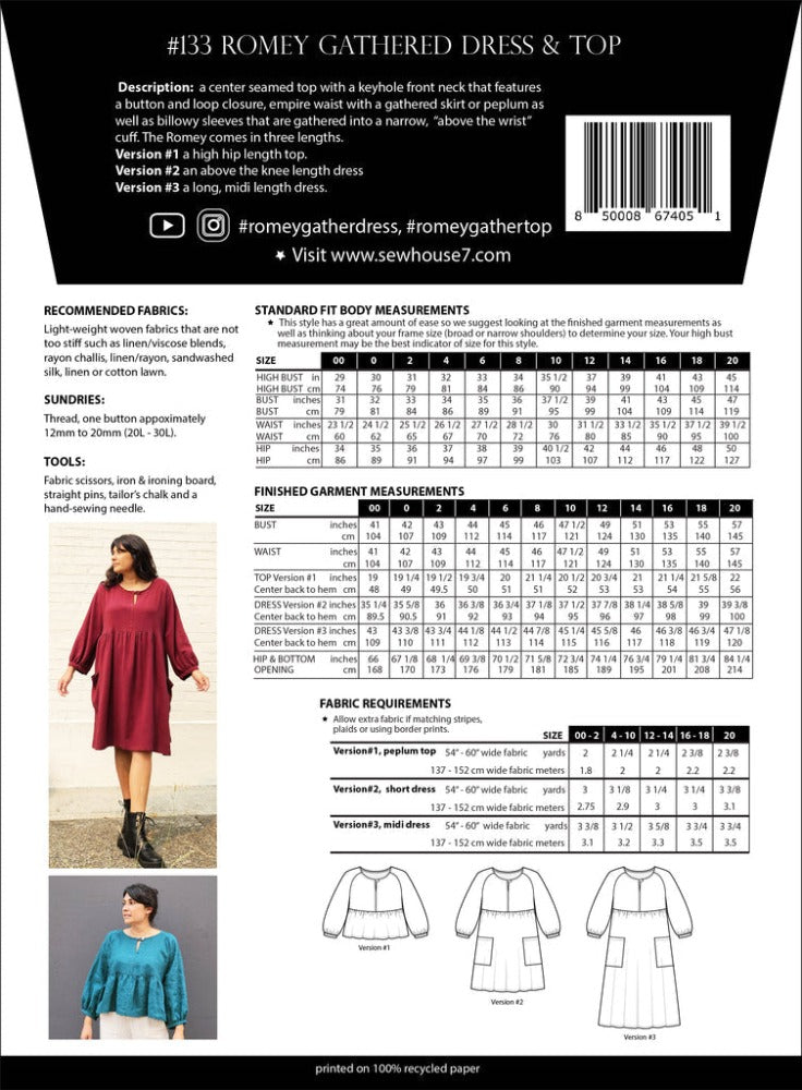 Romey Gathered Dress & Top Pattern (Sizes 00 - 20)