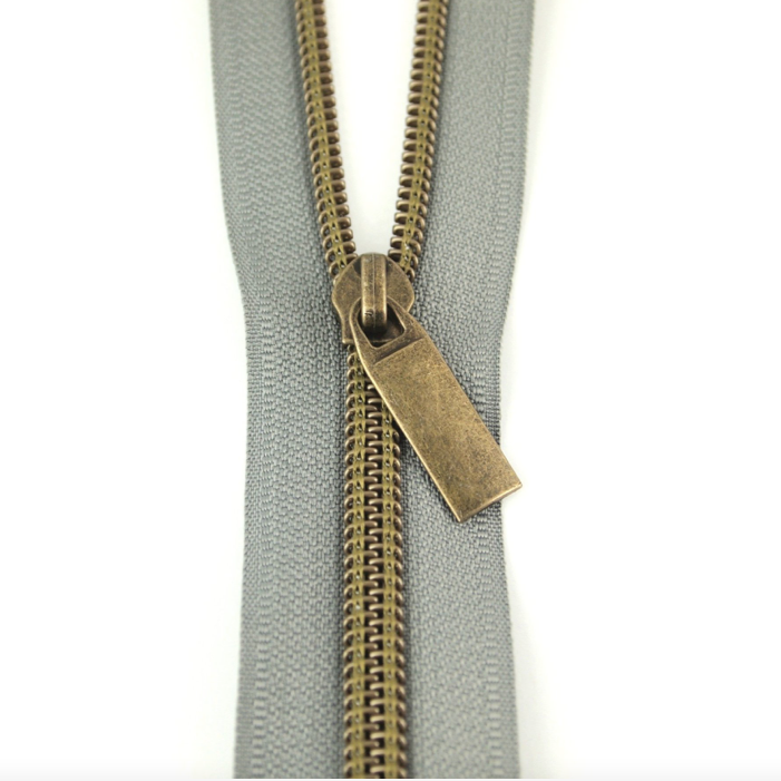 Size #5 Gray Zipper by the yard with rose gold coil - 5 yards & 15 Regular  (Donut) Zipper Pulls