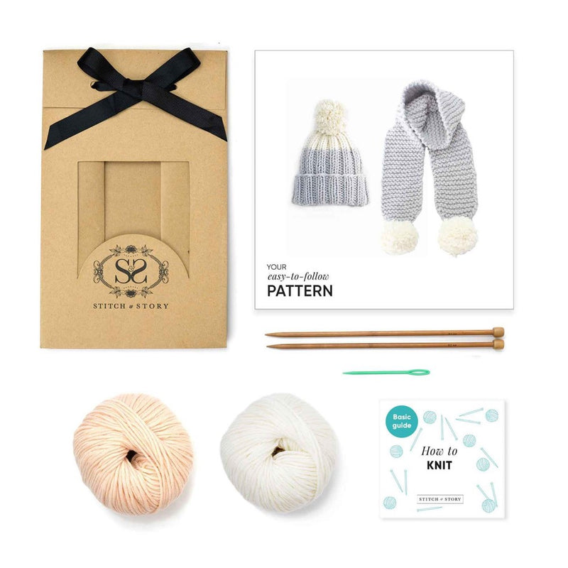 Snowdrops Child Beanie and Scarf Knitting Kit - Natural White/Peach Pink Kit Stitch & Story