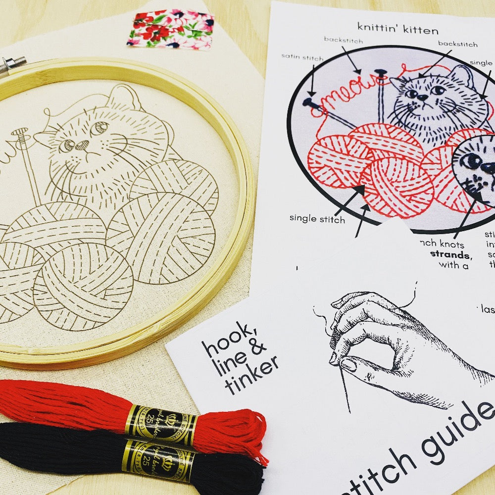 Knitten' Kitten Embroidery Kit Kit Hook, Line & Tinker