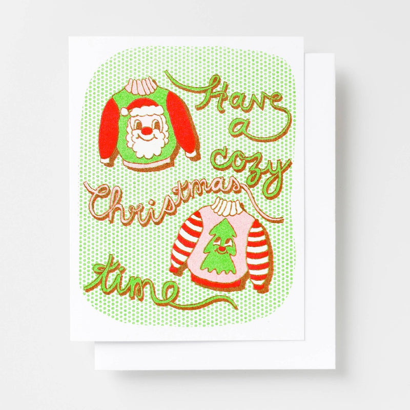 Have A Cozy Xmas Time Risograph Card - Christmas Sweaters Greeting Cards Yellow Owl Workshop