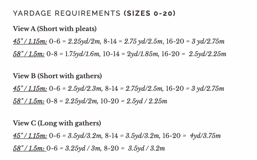 yardage requirements size 0-20