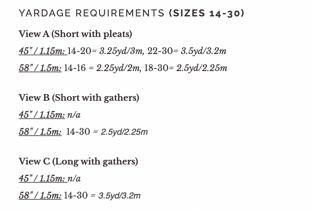 yardage requirements size 14-30