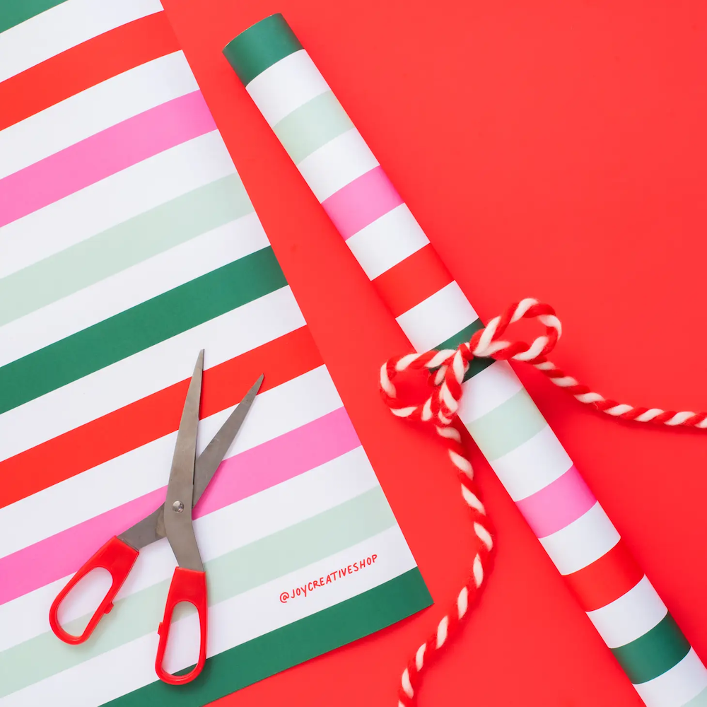Red, Green, & Pink Striped Gift Wrap