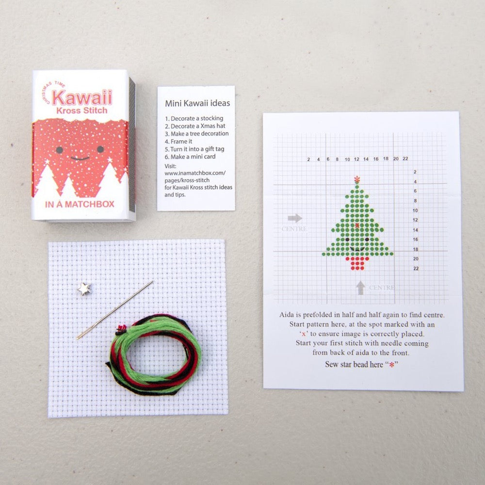 Kawaii Christmas Tree Cross Stitch Kit in a Matchbox